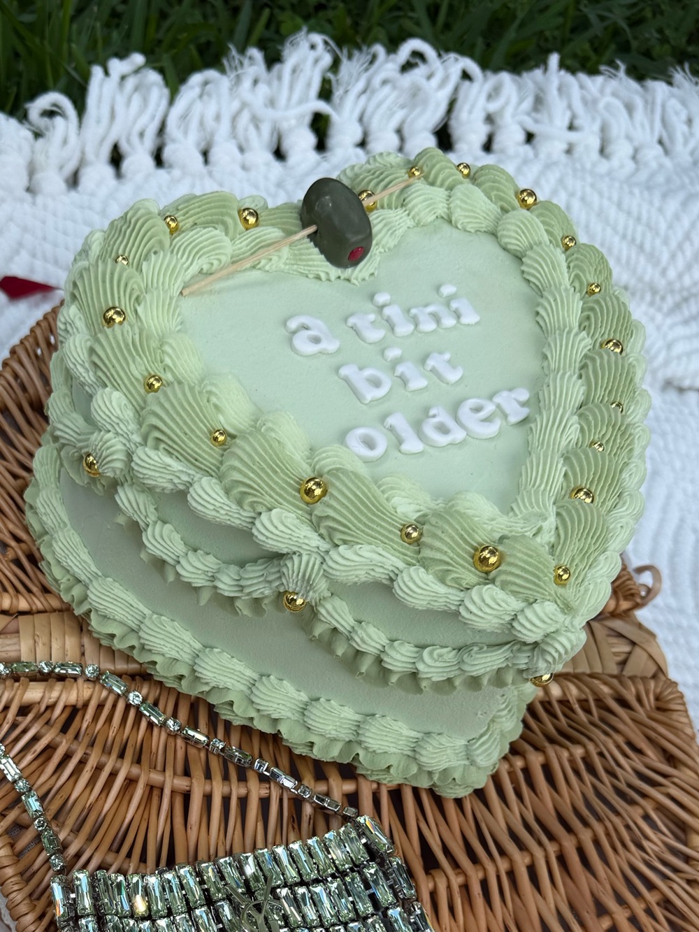 A tini bit older heart-Shaped Pistachio Green Cake accent photo prop